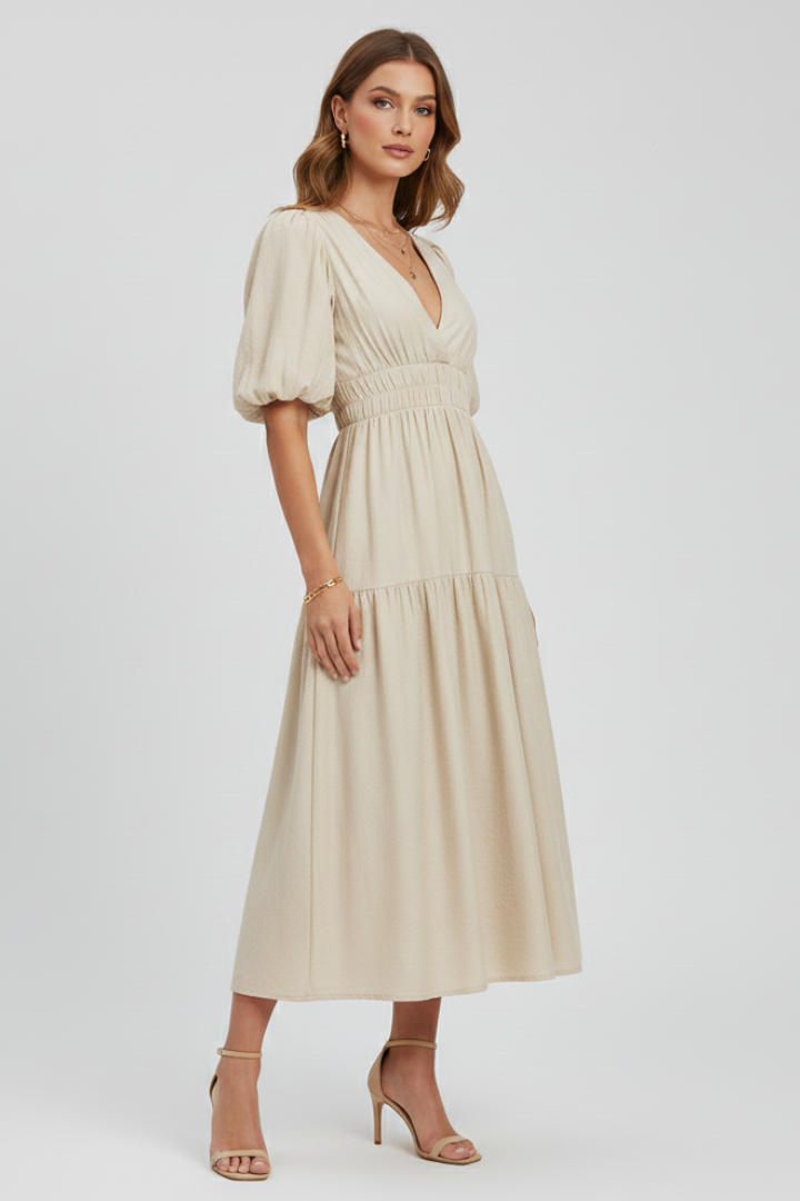 Women’s Midi Dress with V-Neckline and Puff Sleeves