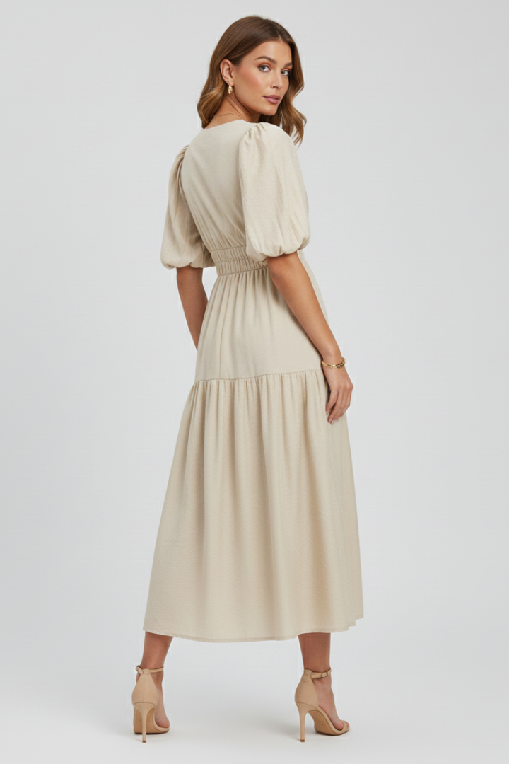 Women’s Midi Dress with V-Neckline and Puff Sleeves
