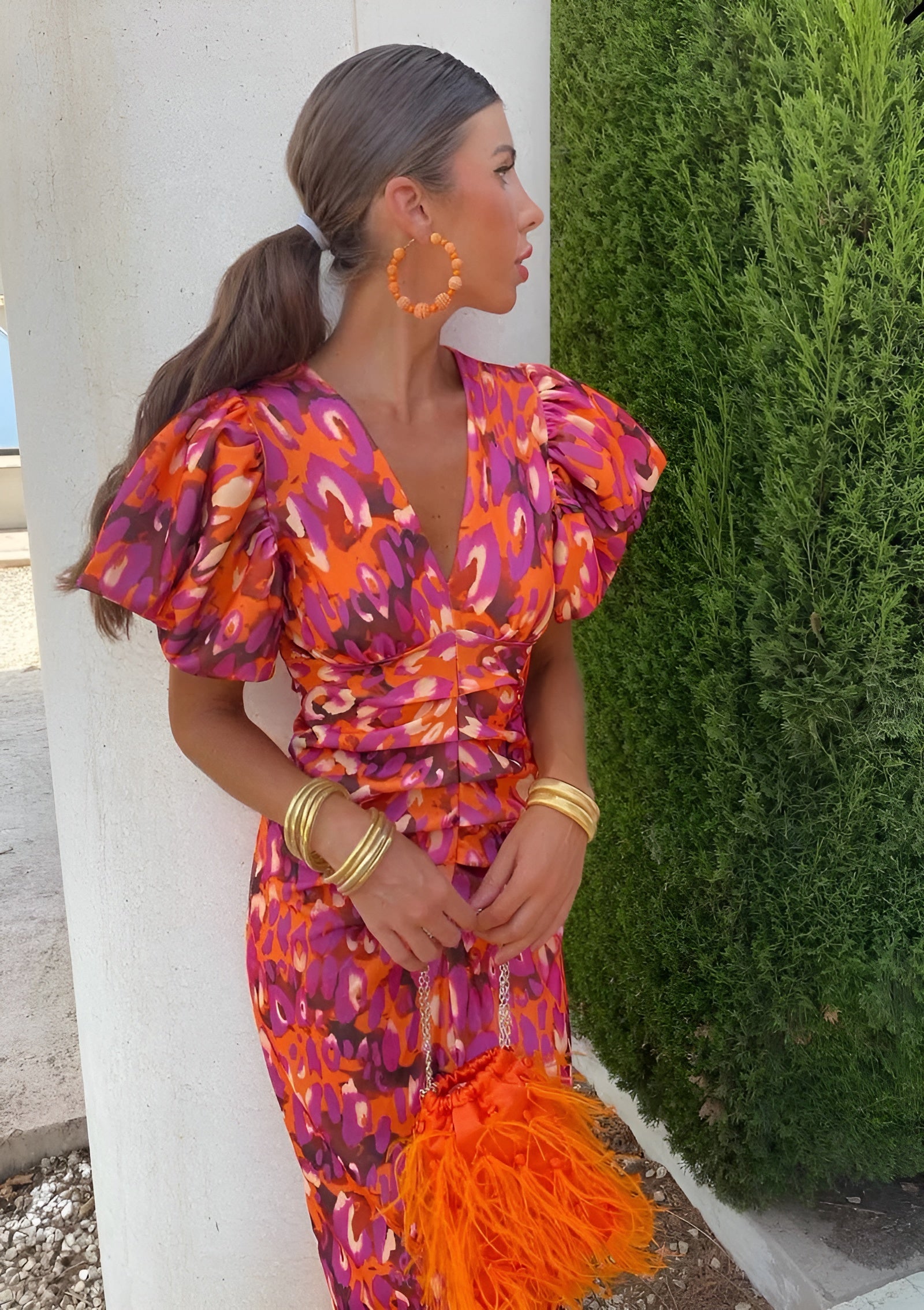 Women's Ruched Puff Sleeve Midi Dress With Abstract Print