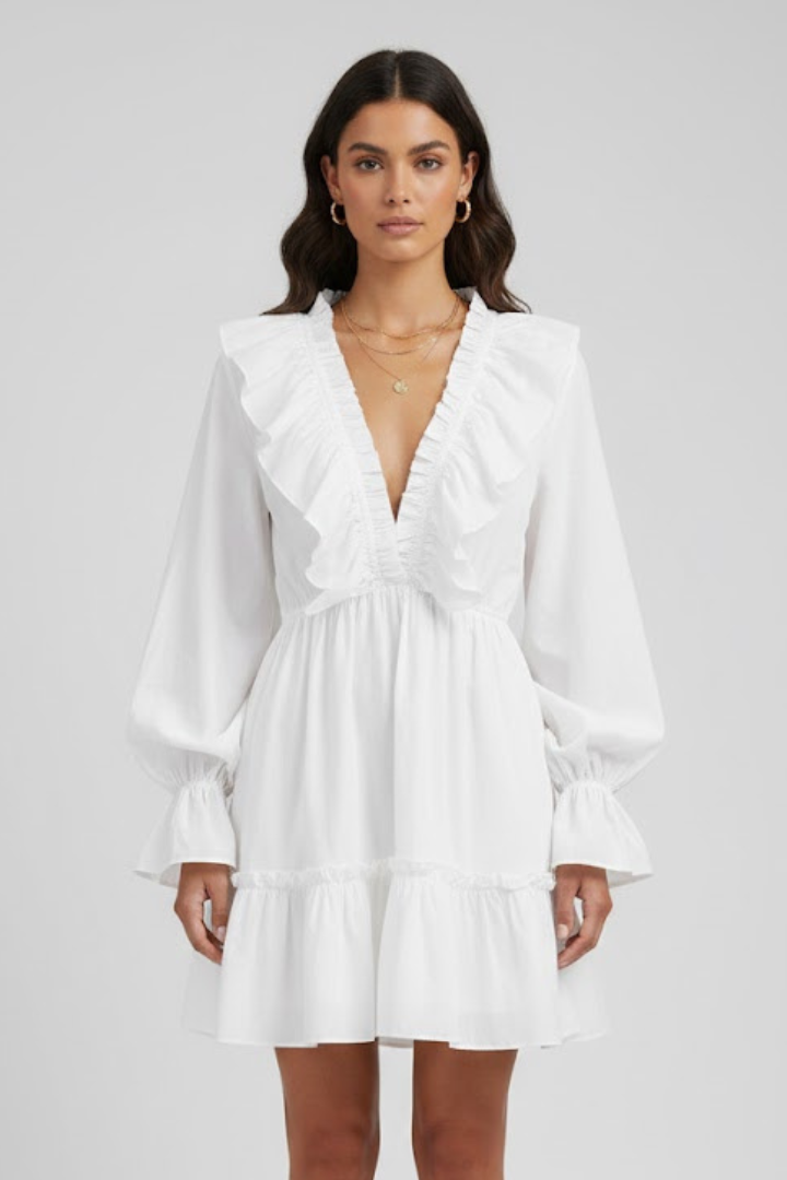 Women’s Mini Dress with V-Neck and Ruffle Trim