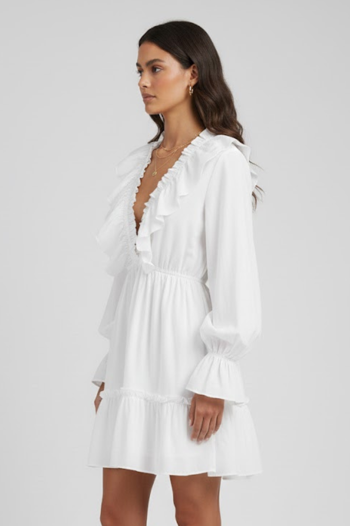 Women’s Mini Dress with V-Neck and Ruffle Trim