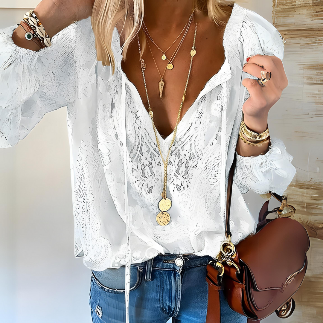 Women’s Sheer Crochet Detail Tie Neck Blouse