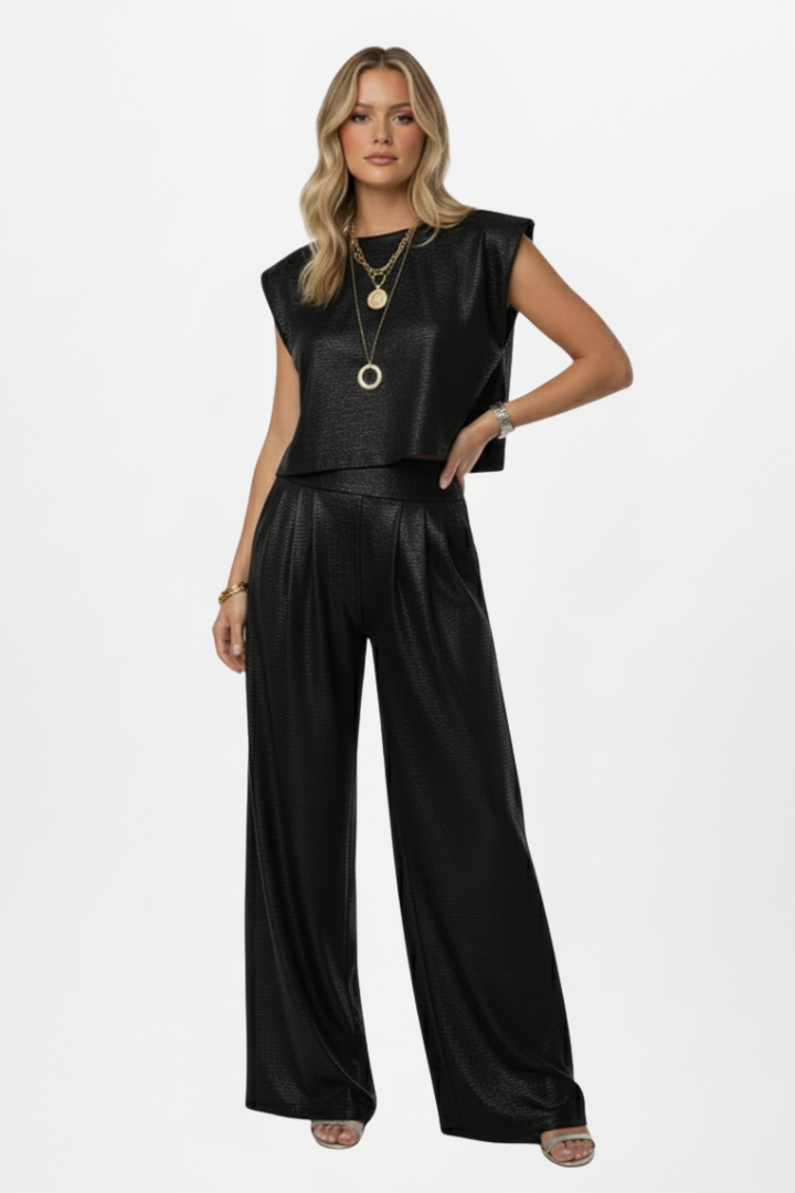 Shimmer Two-Piece Set with Cap-Sleeve Top & Pants