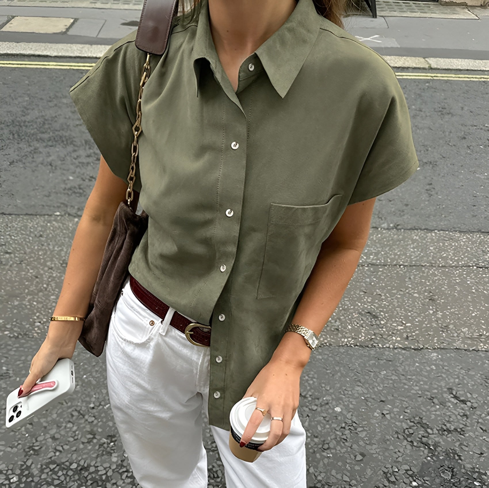 Short Sleeve Cotton-Linen Blend Blouse for Women