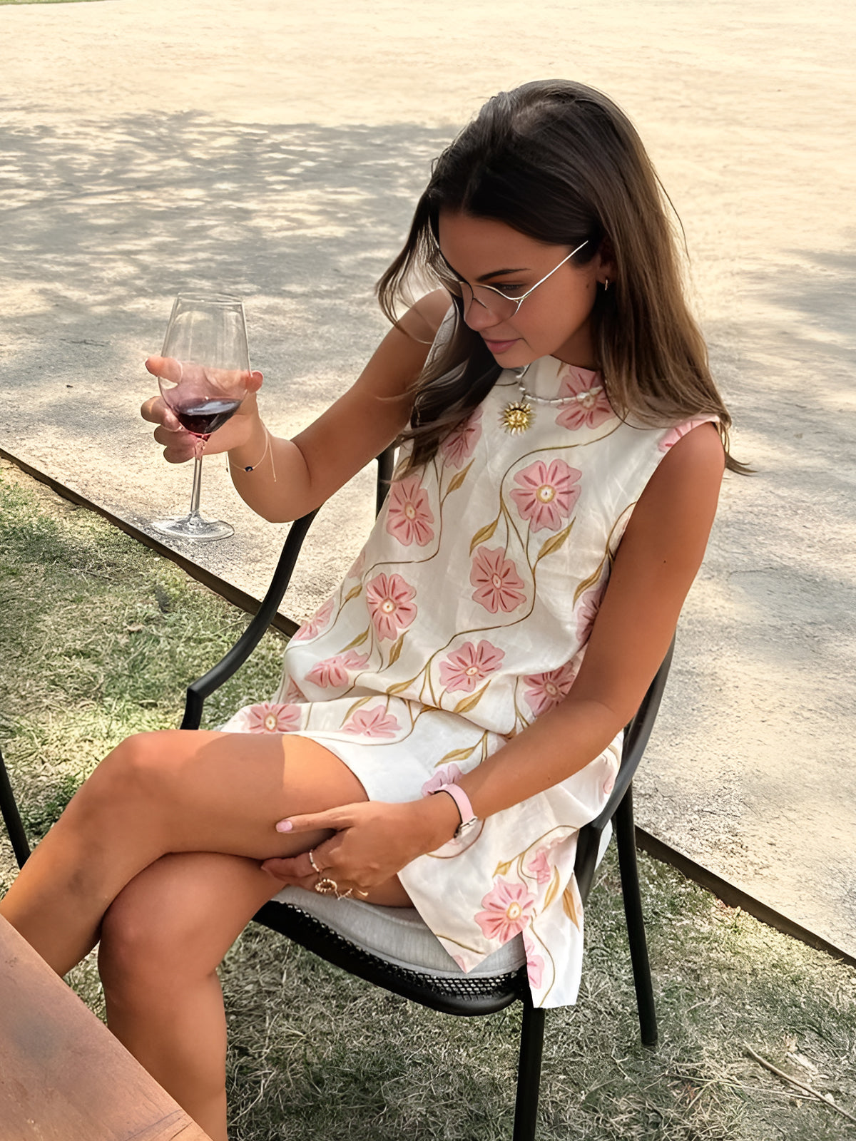 Sleeveless Floral Print A-Line Linen Blend Dress for Women