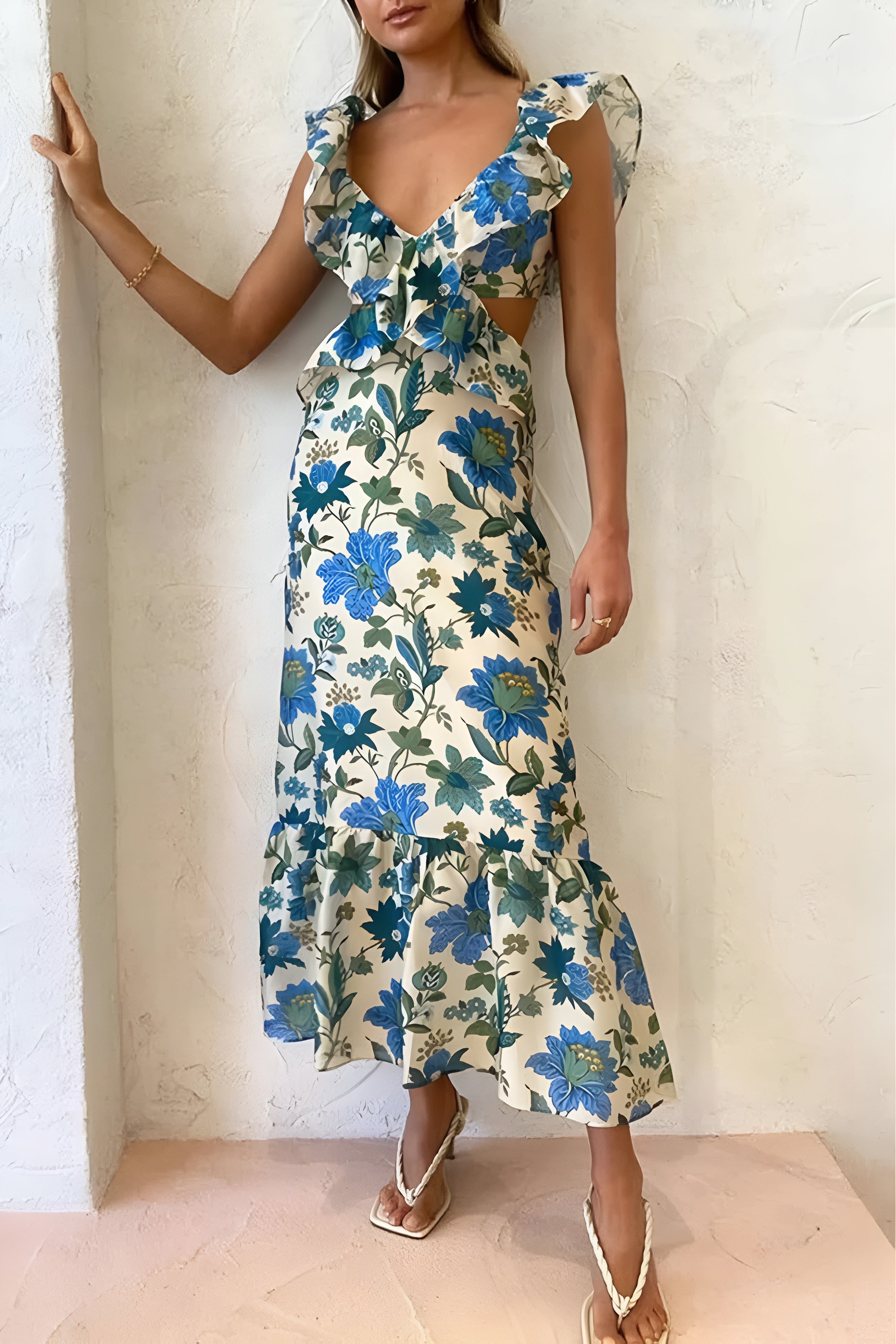 Sleeveless Maxi Dress with Ruffle Straps and V-Neck for Women