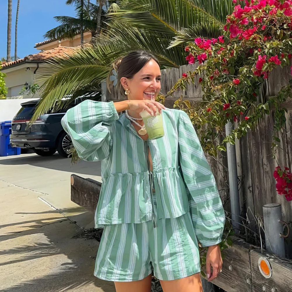 Striped Long Sleeve Top and High Waisted Shorts Set for Women