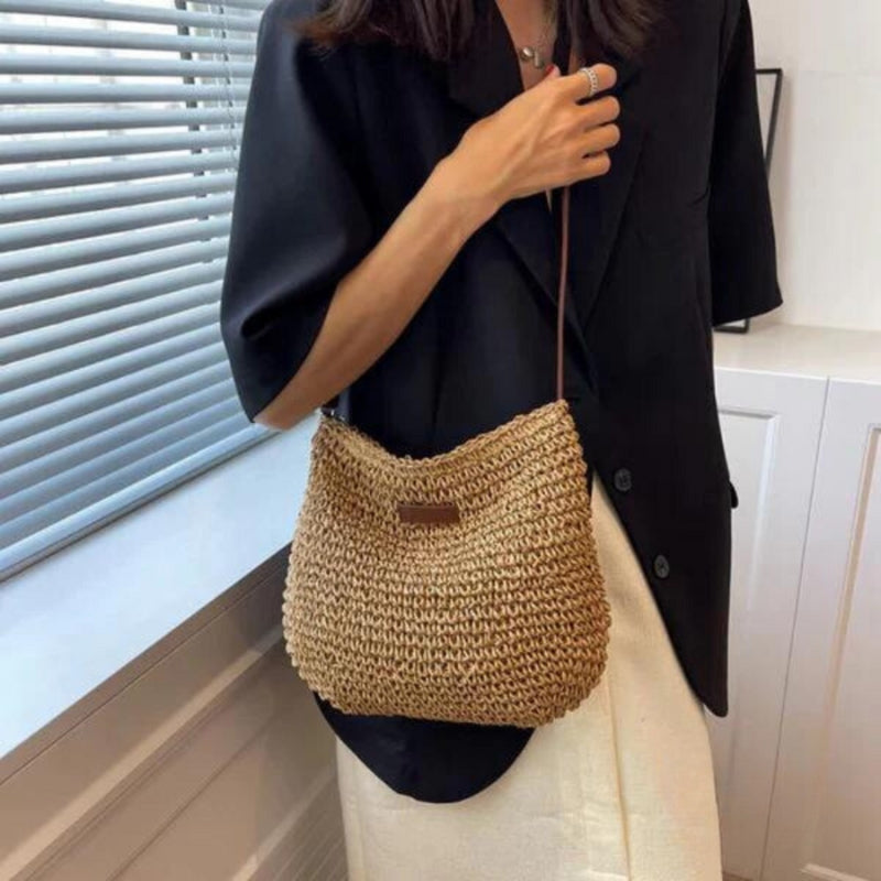 Women’s Shoulder Bag with Woven Surface and Long Strap