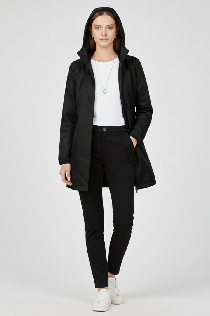 Women's Trench Coat with Hood and Uniform Outer Surface