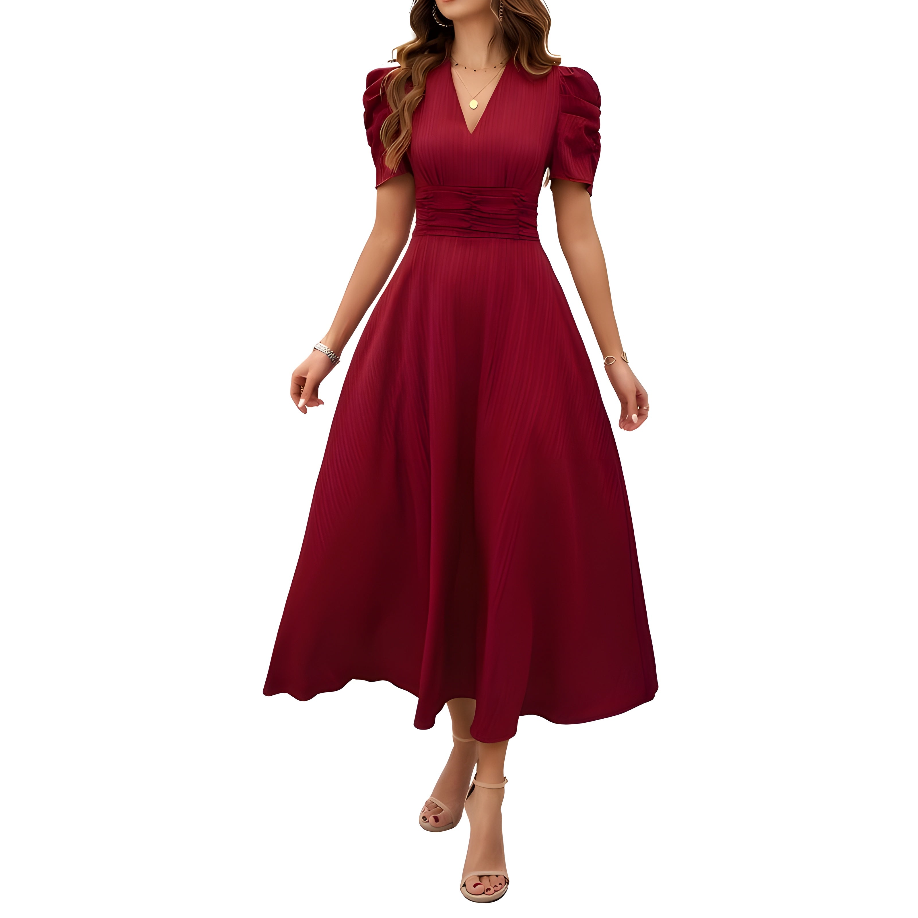 V-Neck Midi Dress With Short Sleeves
