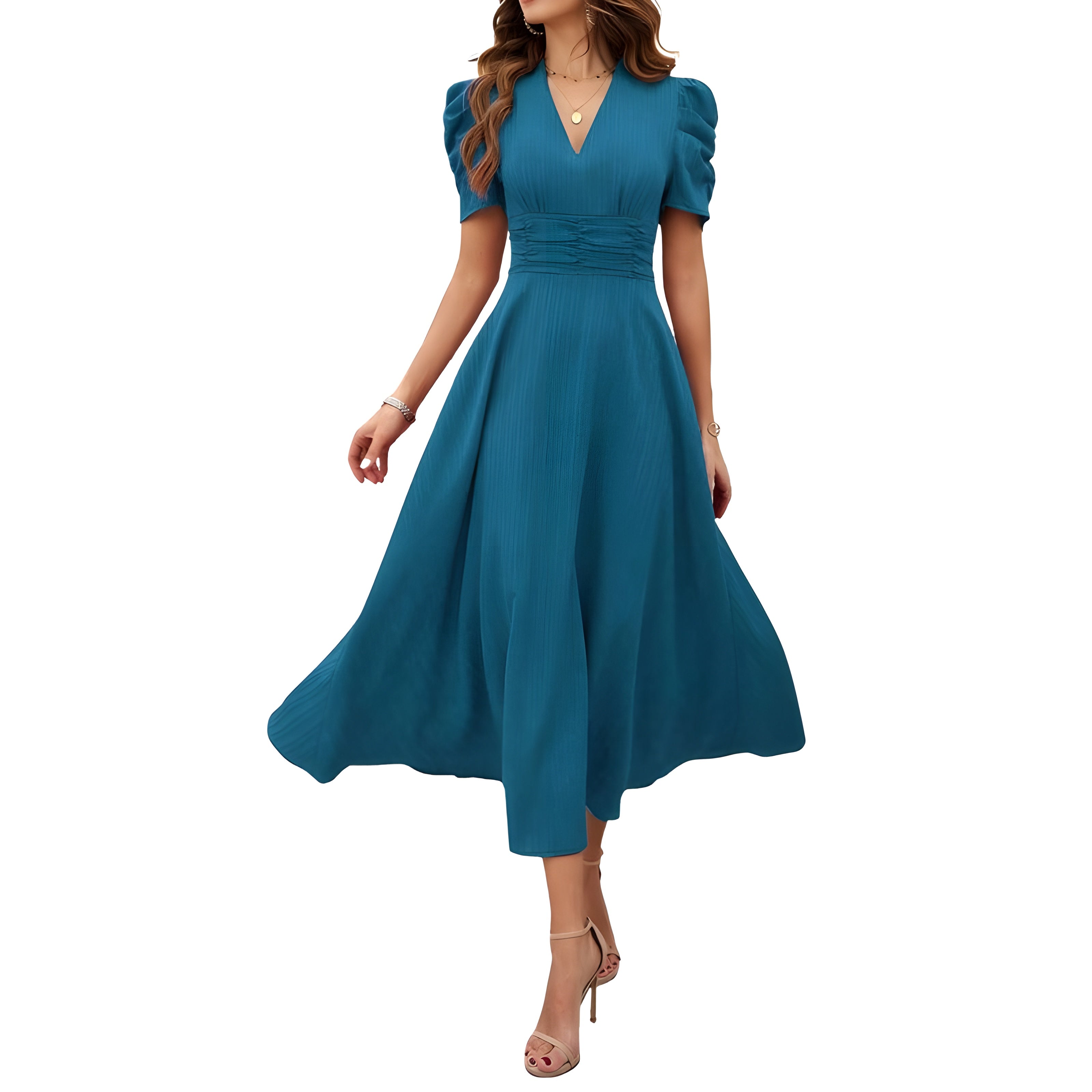 V-Neck Midi Dress With Short Sleeves