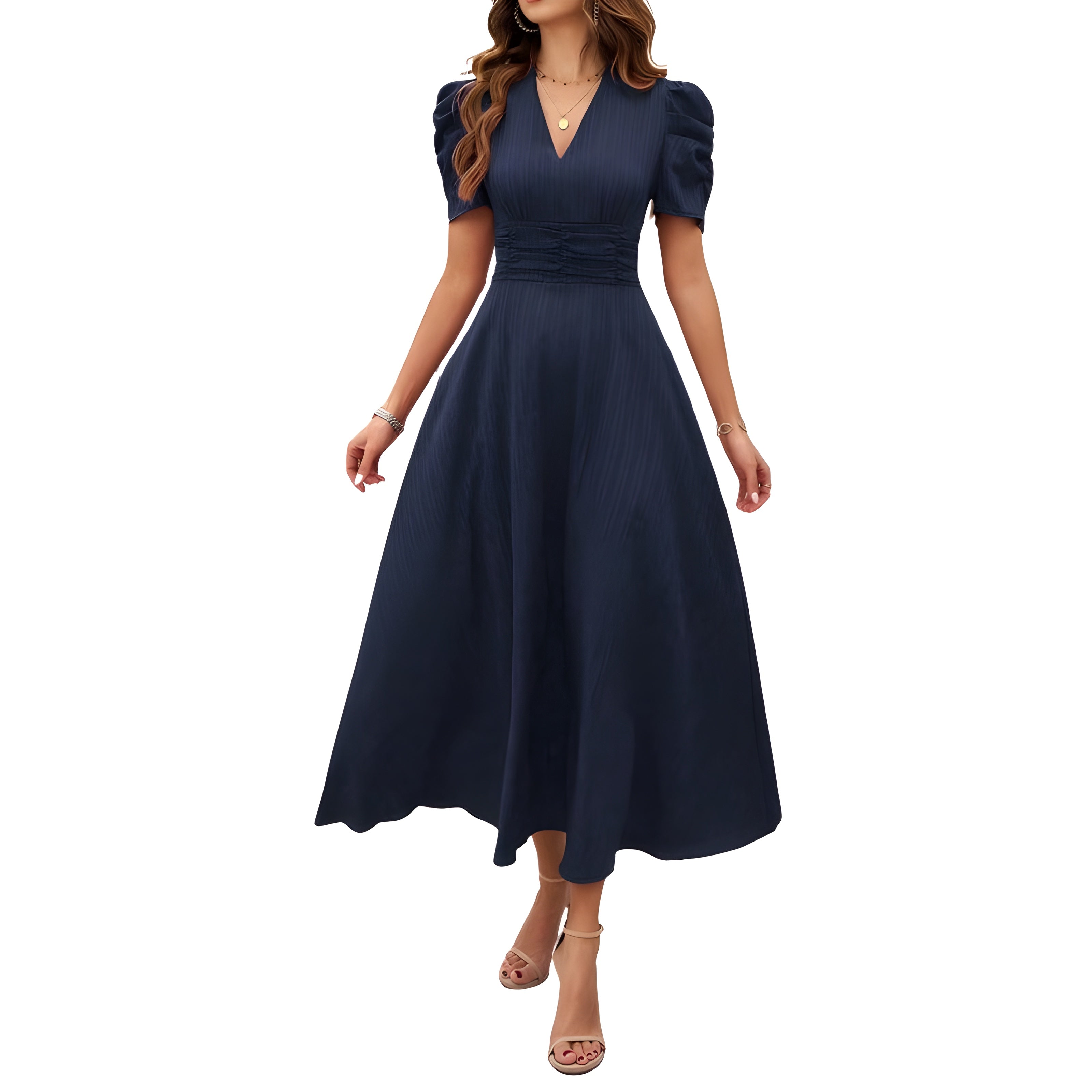 V-Neck Midi Dress With Short Sleeves