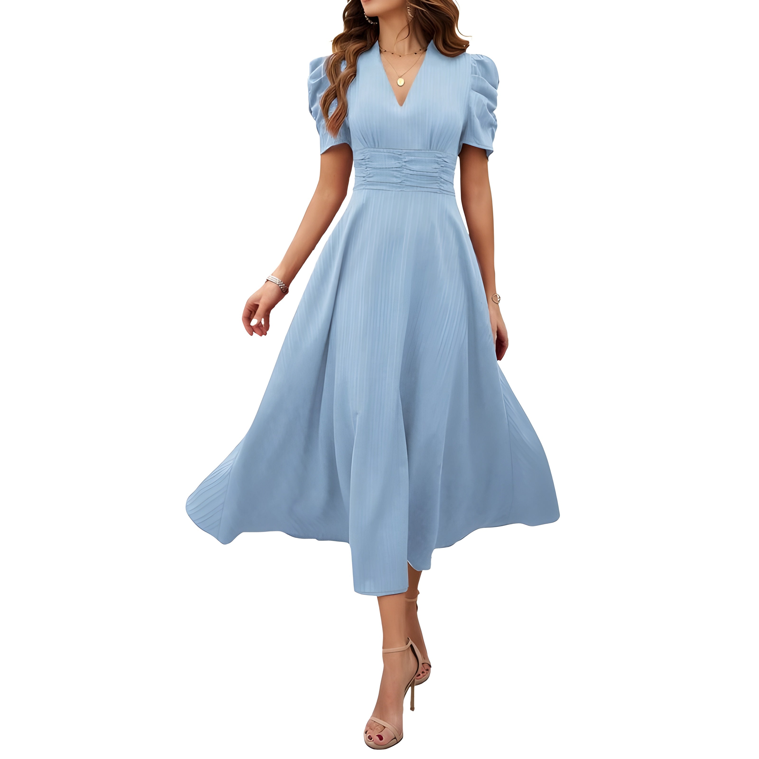 V-Neck Midi Dress With Short Sleeves