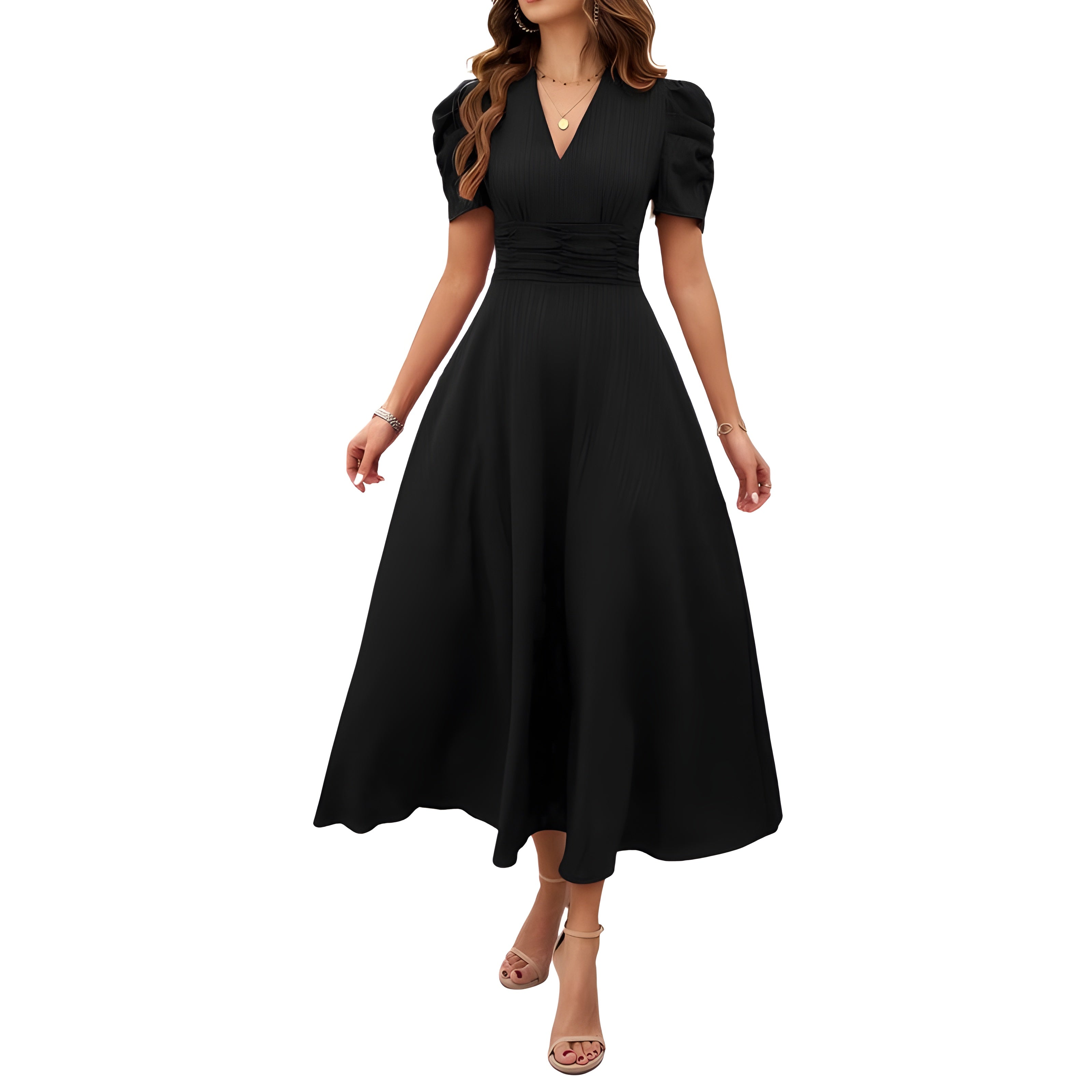 V-Neck Midi Dress With Short Sleeves