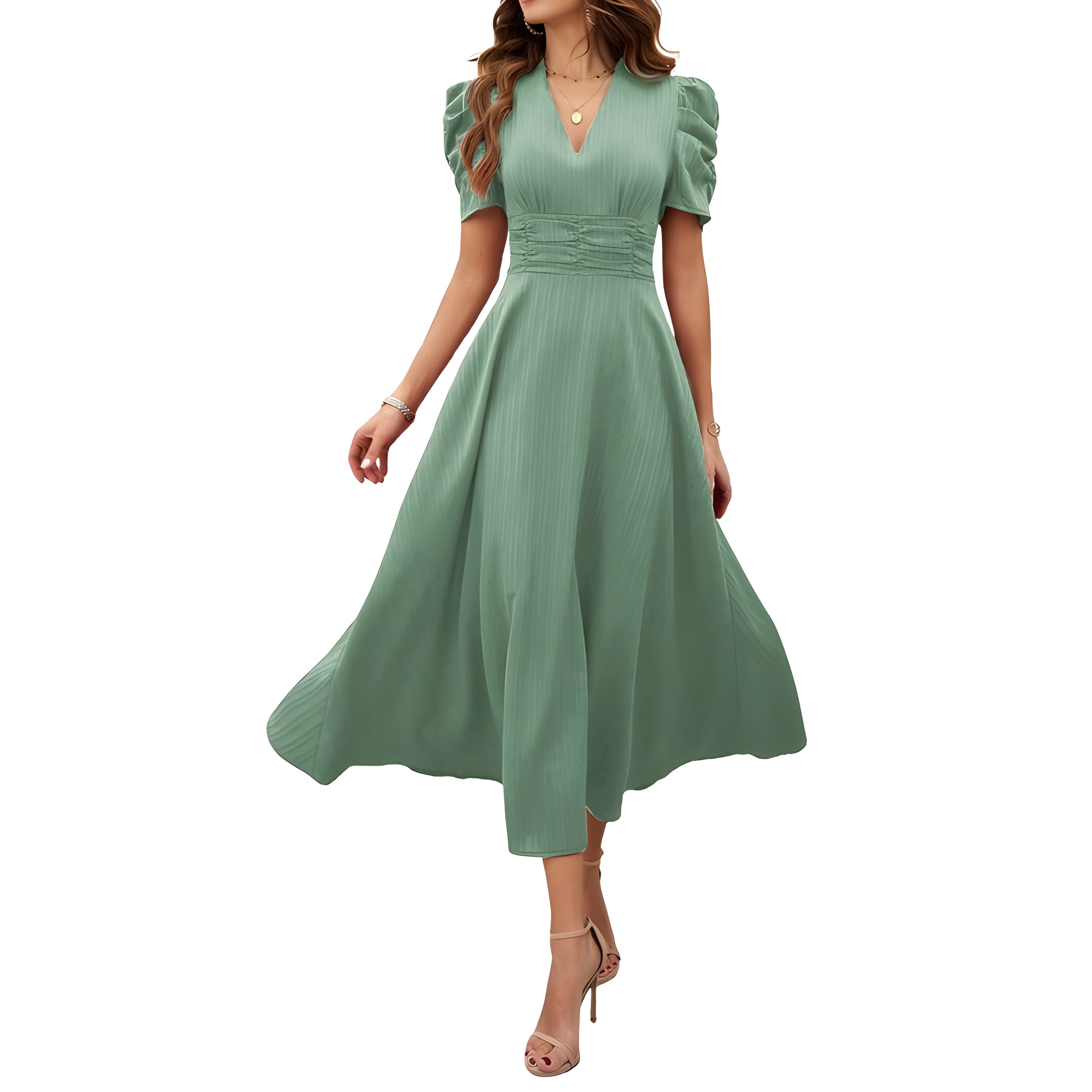 V-Neck Midi Dress With Short Sleeves
