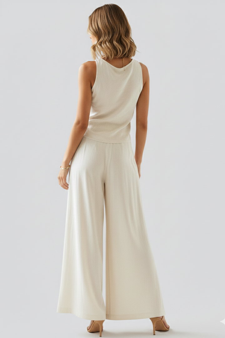 Women’s Two Piece Set with V Neck Top and Wide Leg Pants