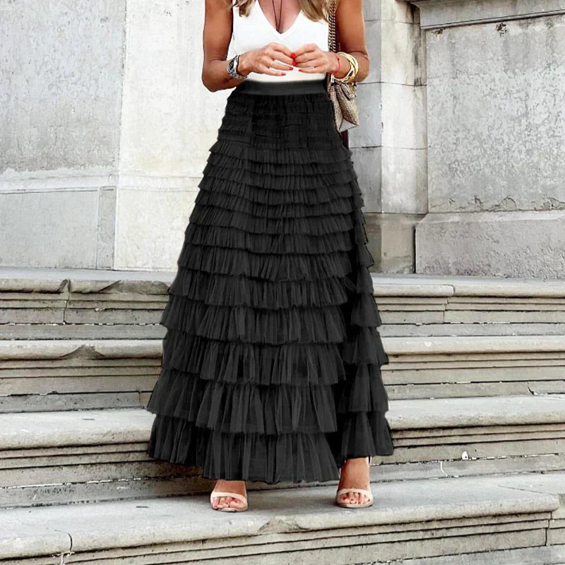 Women’s Midi Tulle Skirt with Layered Design and Elastic Waist