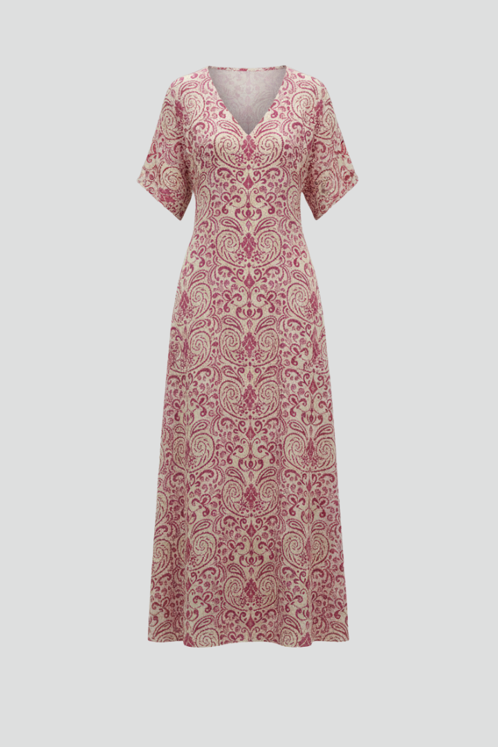 Women Long Dress with V-Neck and Short Sleeves