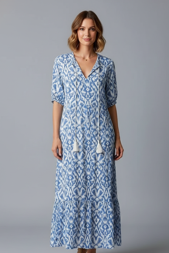 Women Long Dress with V-Neck and Short Sleeves