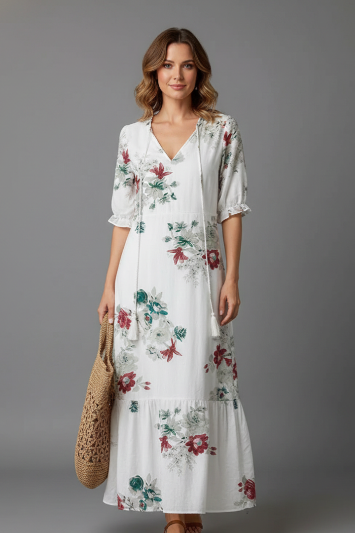 Women Long Dress with V-Neck and Short Sleeves