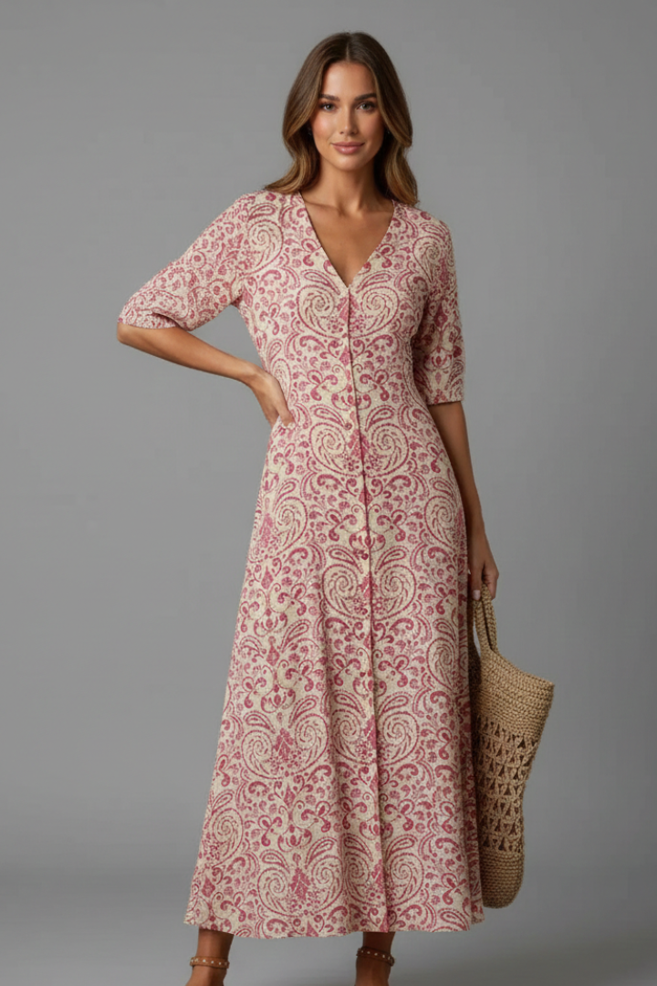 Women Long Dress with V-Neck and Short Sleeves