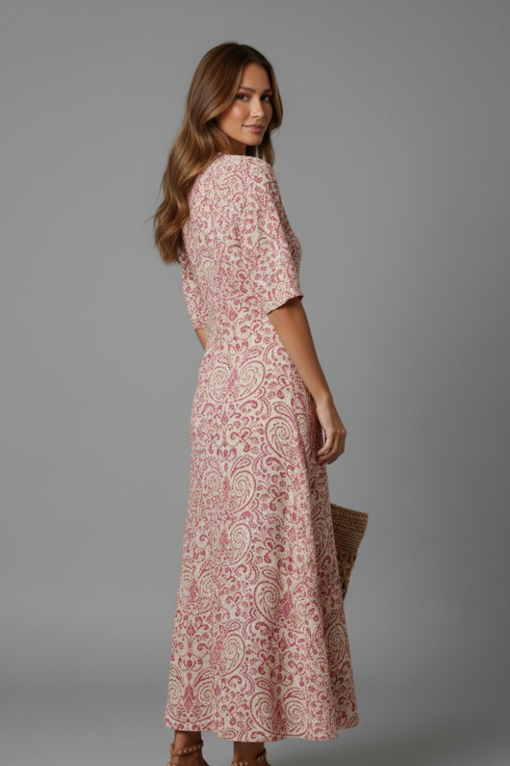 Women Long Dress with V-Neck and Short Sleeves