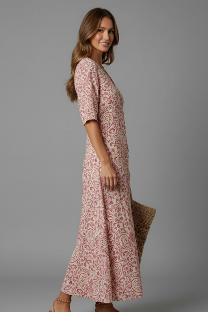 Women Long Dress with V-Neck and Short Sleeves