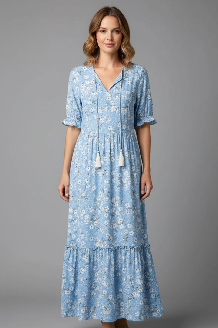 Women Long Dress with V-Neck and Short Sleeves