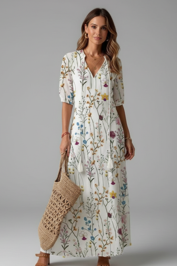 Women Long Dress with V-Neck and Short Sleeves