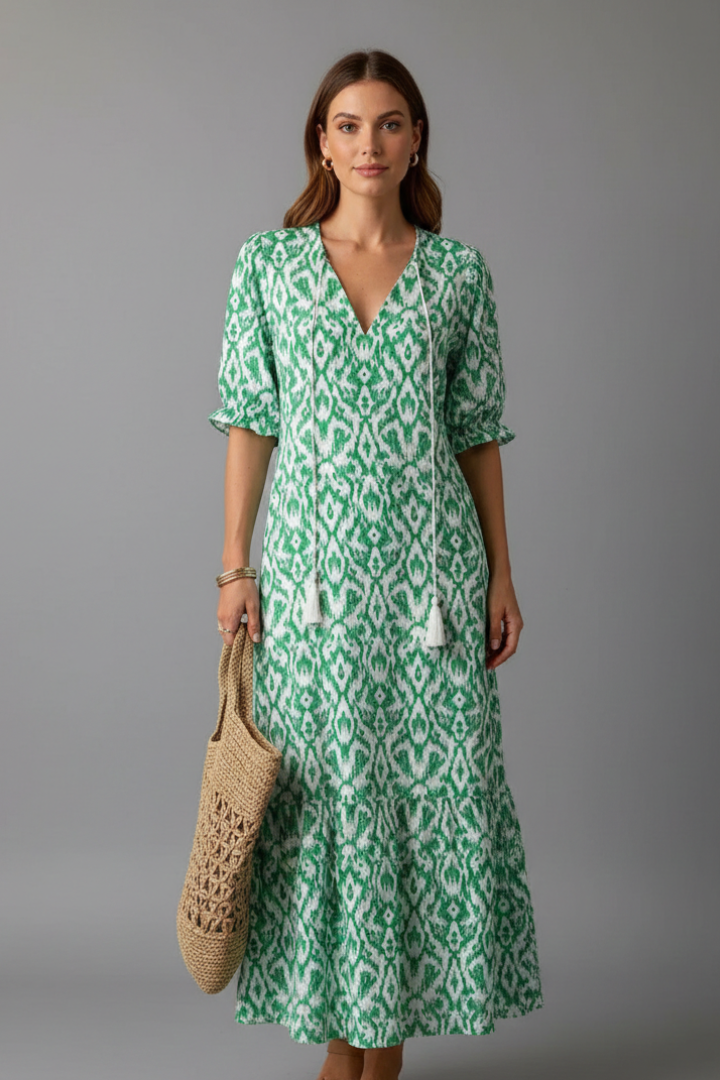 Women Long Dress with V-Neck and Short Sleeves