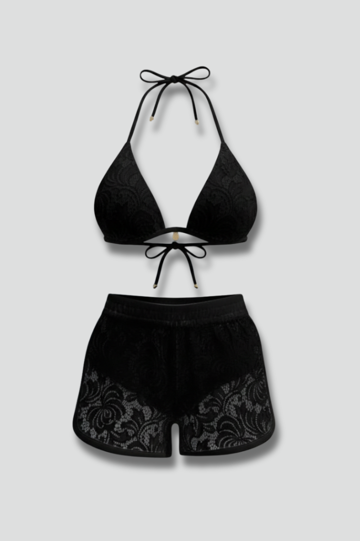 Women’s Bikini Set with Halter Top and Lace Shorts