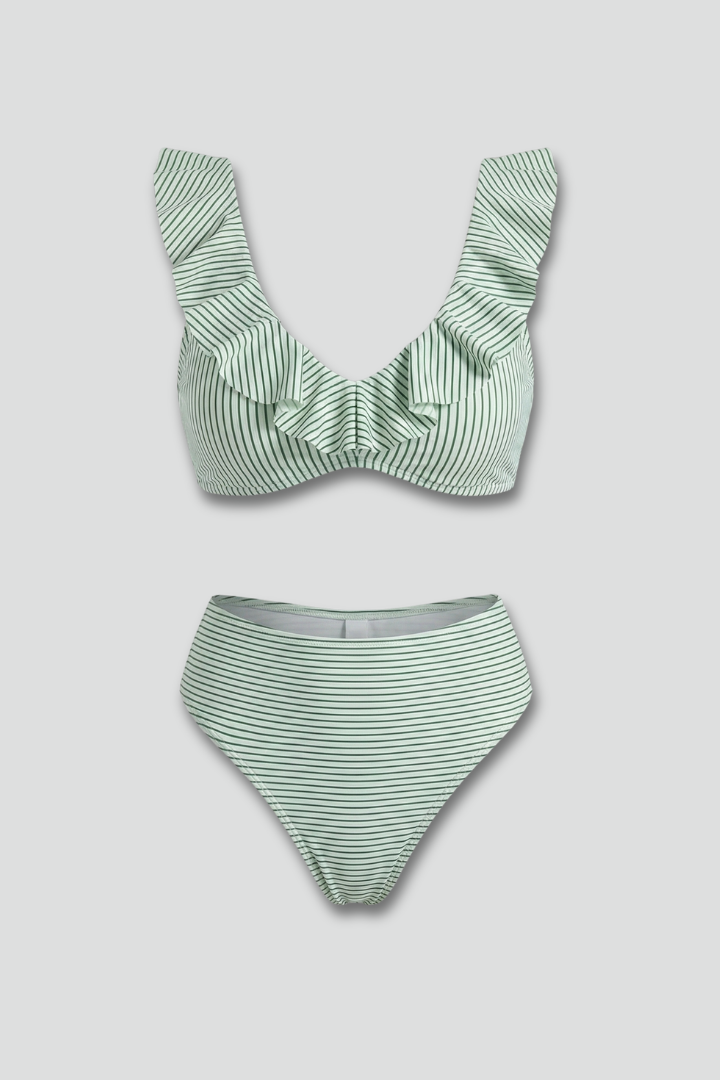 Women’s Bikini Set with Ruffle Trim and Stripe Pattern