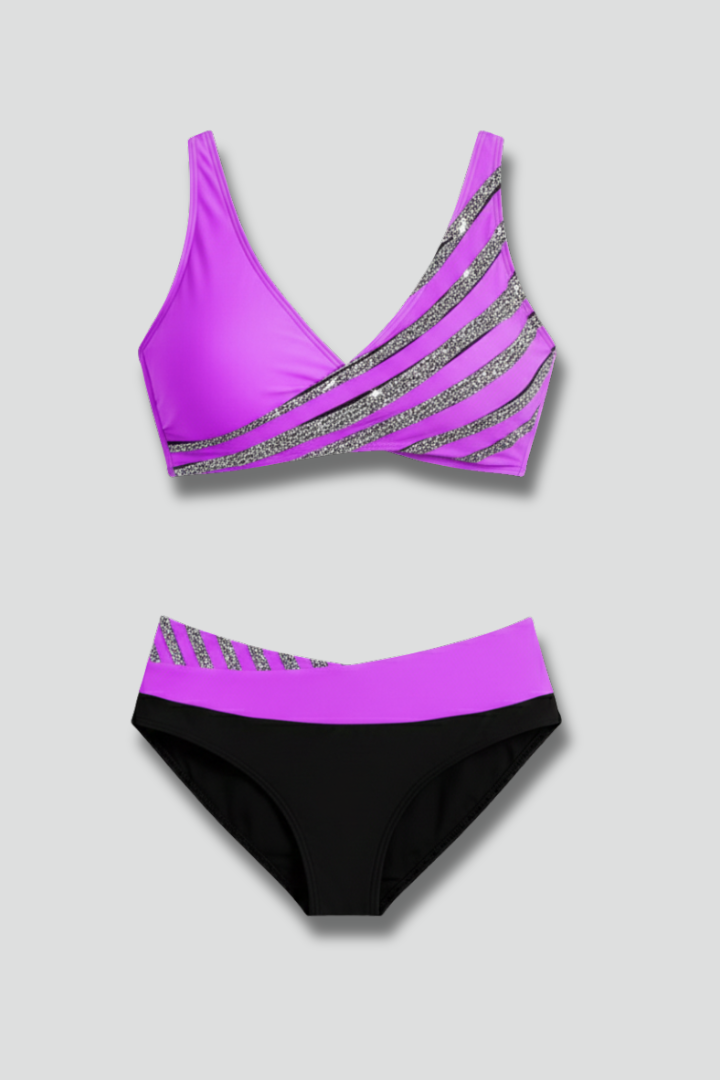 Women’s Bikini Set with Stripe Top and High Waist