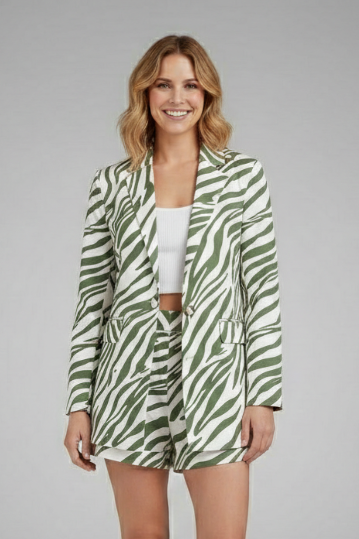 Women’s Blazer Set with Open Front and Printed Shorts