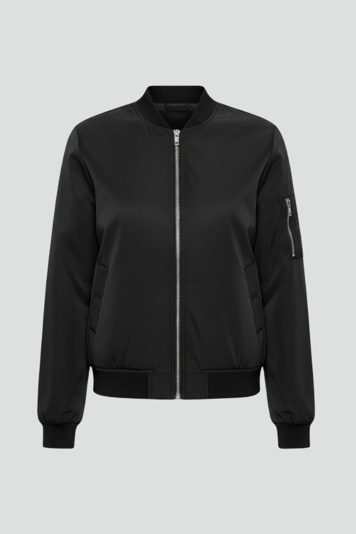 Women’s Bomber Jacket with Front Zip and Ribbed Hem