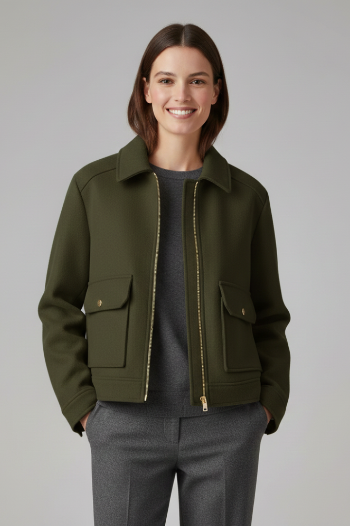 Women’s Bomber Jacket with Lapel Collar and Zip Fastening