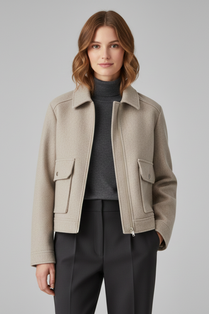 Women’s Bomber Jacket with Lapel Collar and Zip Fastening