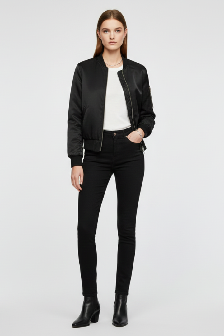 Women’s Bomber Jacket with Zipper Closure and Ribbed Details