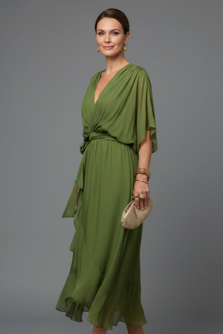 Women’s Chiffon Dress with V-Neck and Tie Waist