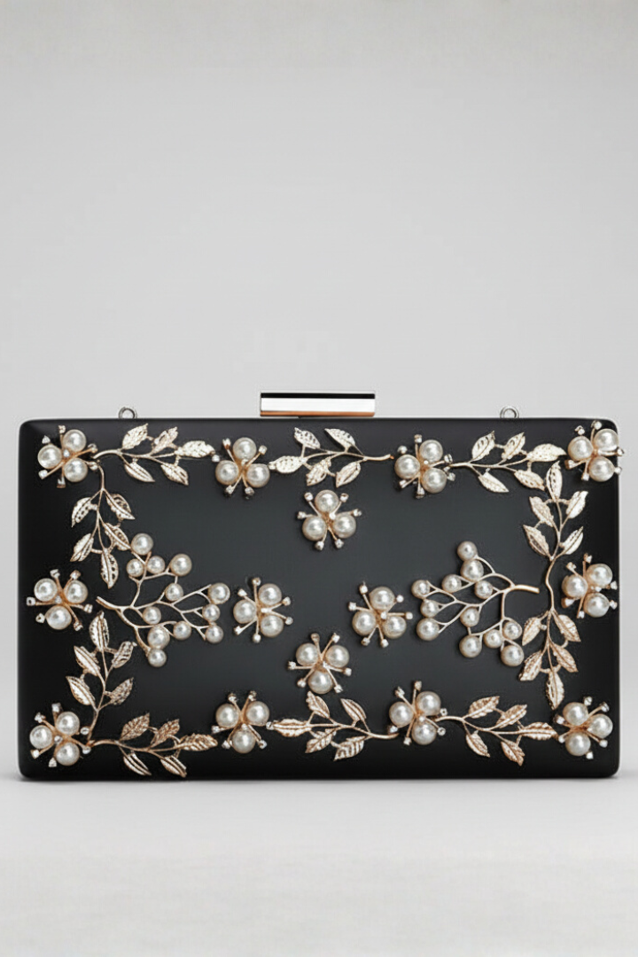 Women’s Clutch Bag with Floral Beadwork and Chain Strap