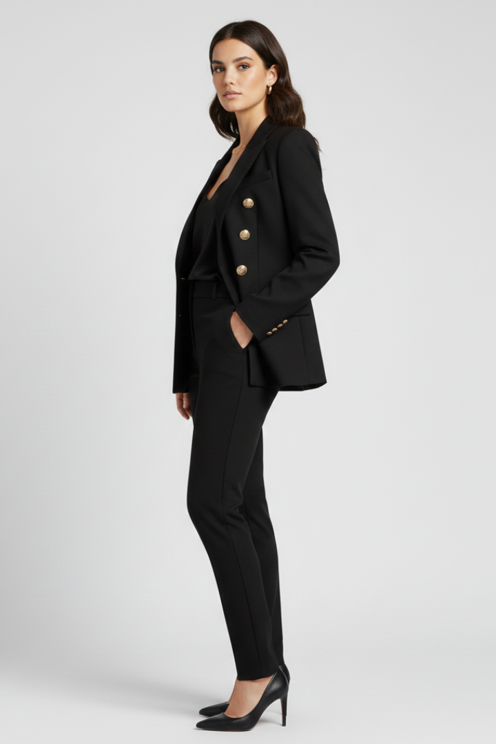 Women’s Double-Breasted Blazer with Gold Buttons and Notched Lapel