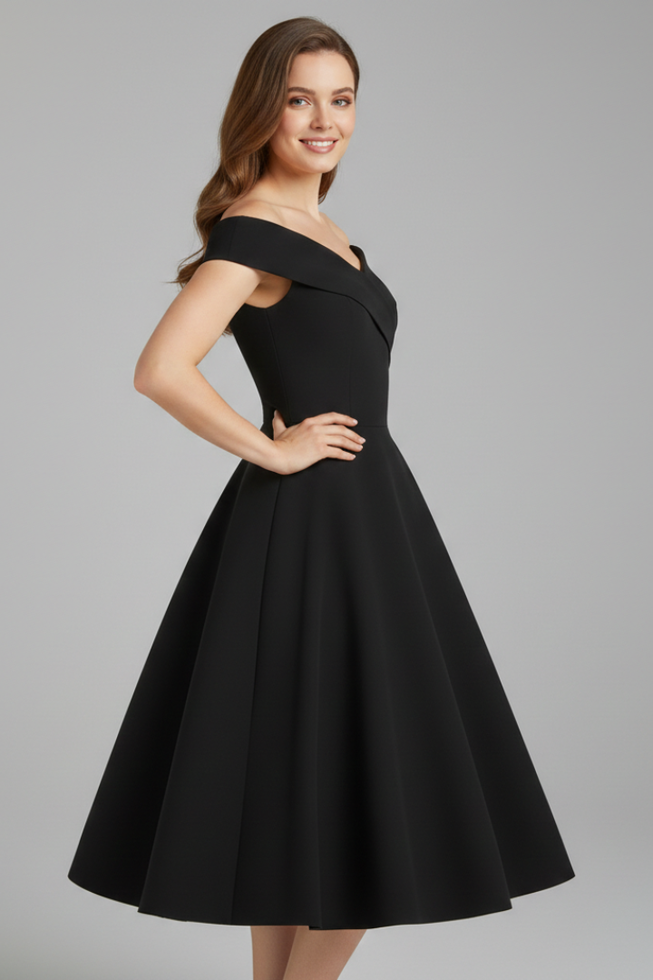 Women’s Dress with Off-Shoulder Neckline and Flared Skirt