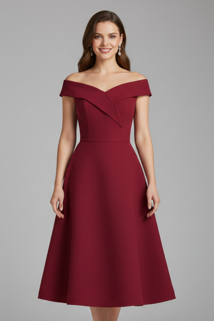 Women’s Dress with Off-Shoulder Neckline and Flared Skirt