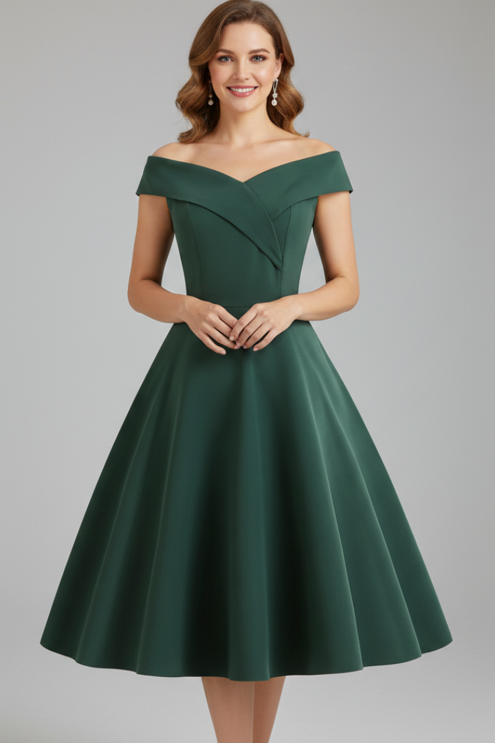 Women’s Dress with Off-Shoulder Neckline and Flared Skirt