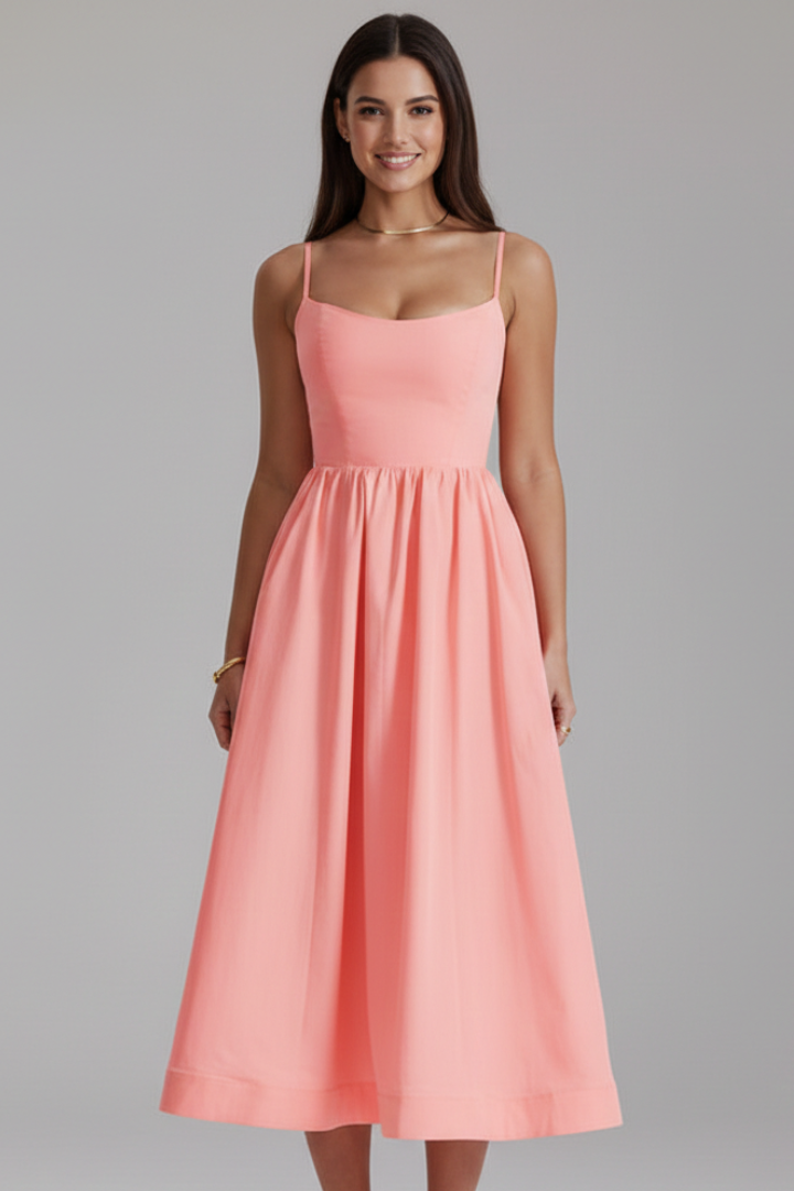 Women’s Dress with Straight Neckline and Side Pockets