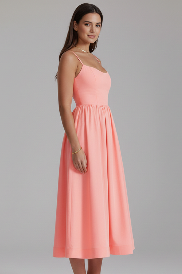 Women’s Dress with Straight Neckline and Side Pockets