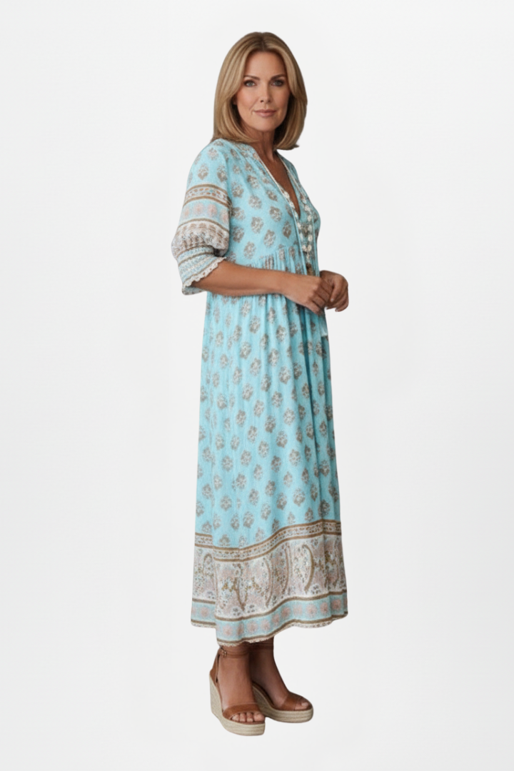 Women’s Dress with V-Neck and Patterned Surface