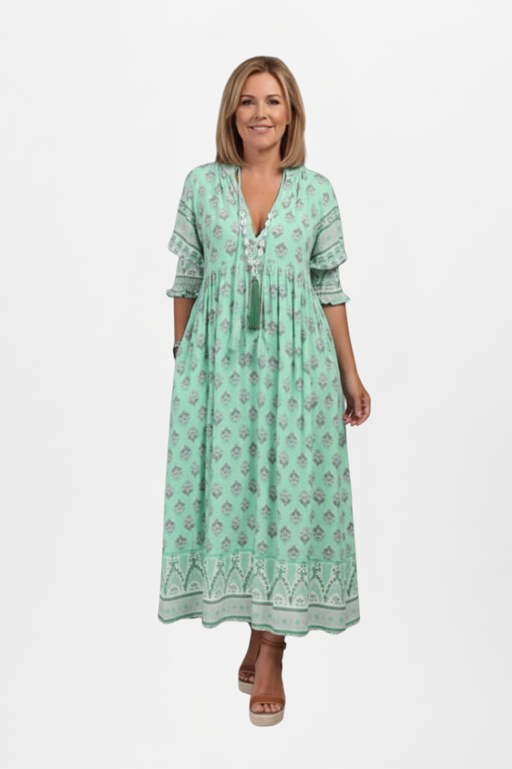 Women’s Dress with V-Neck and Patterned Surface