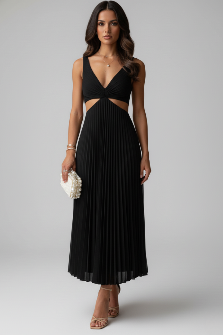 Women’s Dress with V-Neck and Pleated Skirt