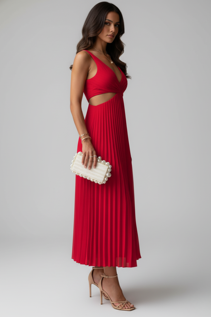 Women’s Dress with V-Neck and Pleated Skirt
